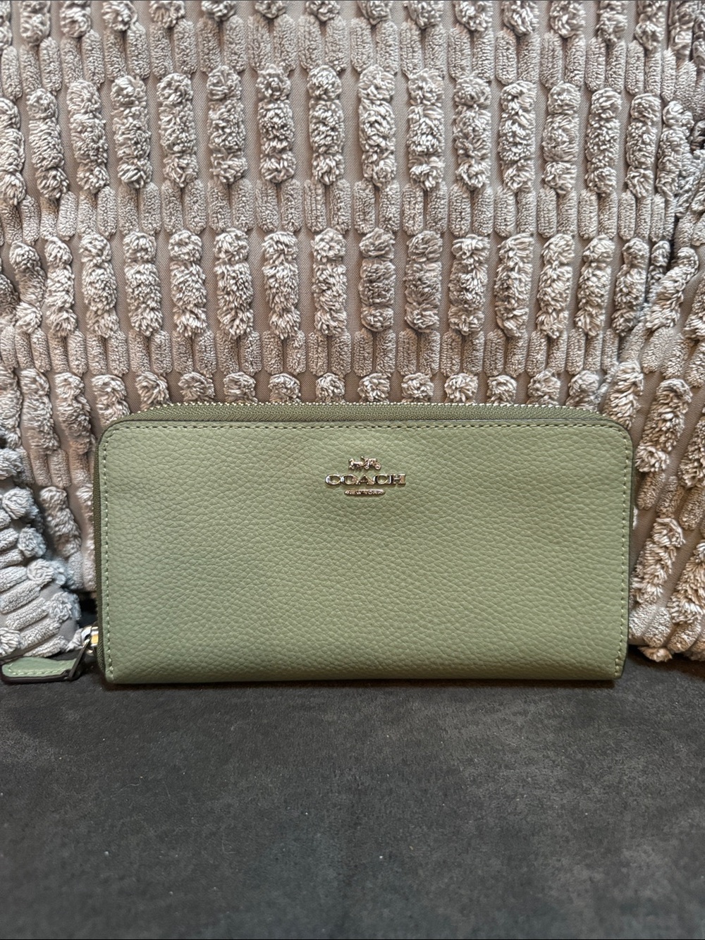 Coach Sage Green Zip-Around Pebbled Leather Wallet